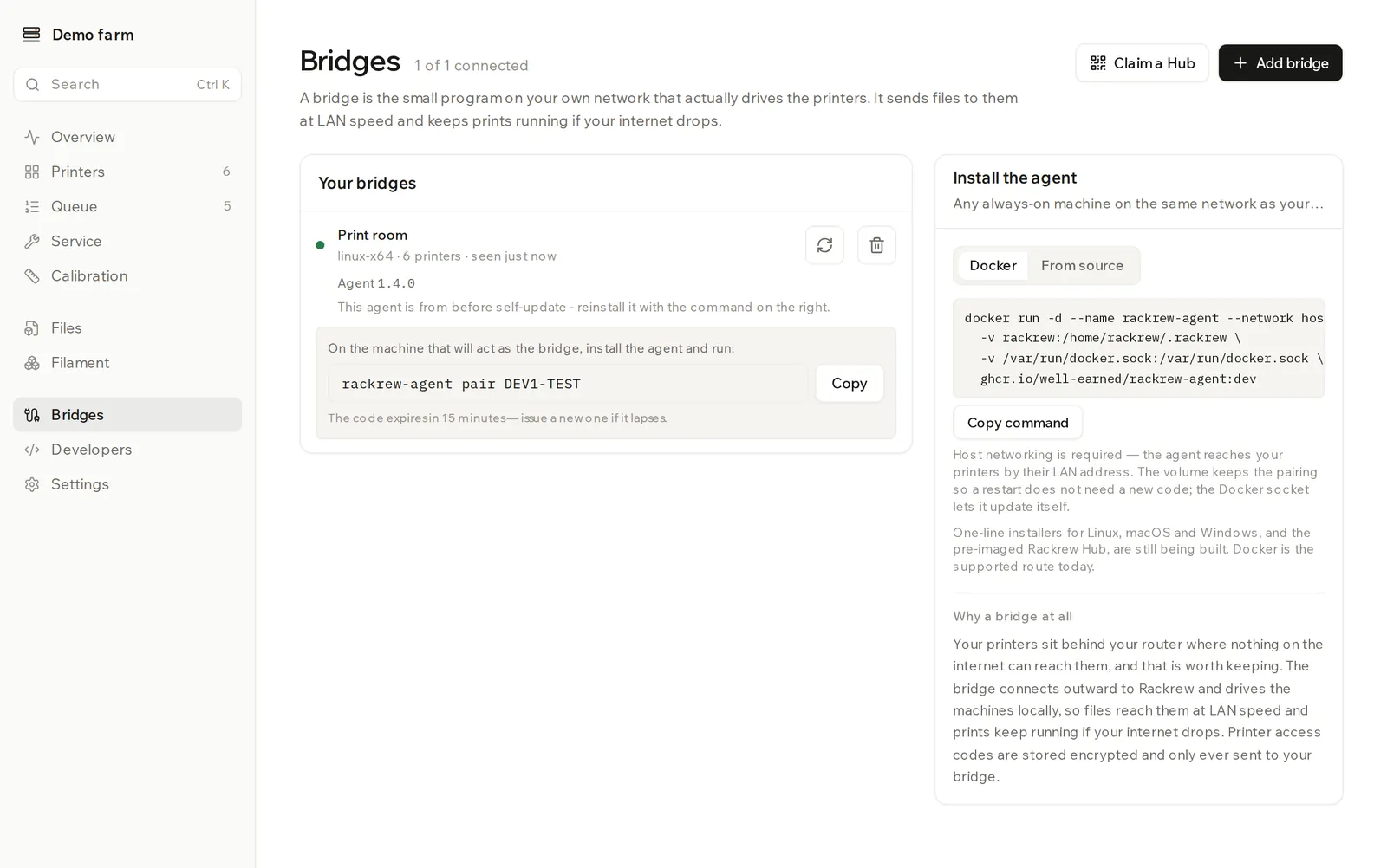Bridges page with a list of bridges on the left and the Install the agent panel on the right