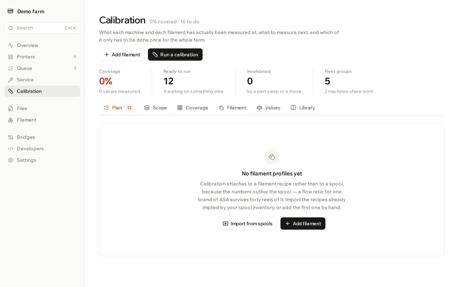 Calibration page on the Plan tab, with coverage totals at the top and a list of tests to run next