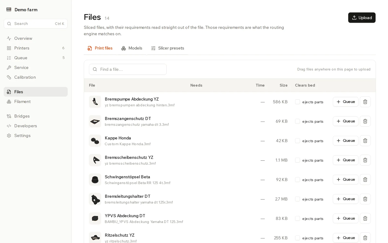 Files page on the Print files tab, with a table of files showing what each needs, its print time and its size