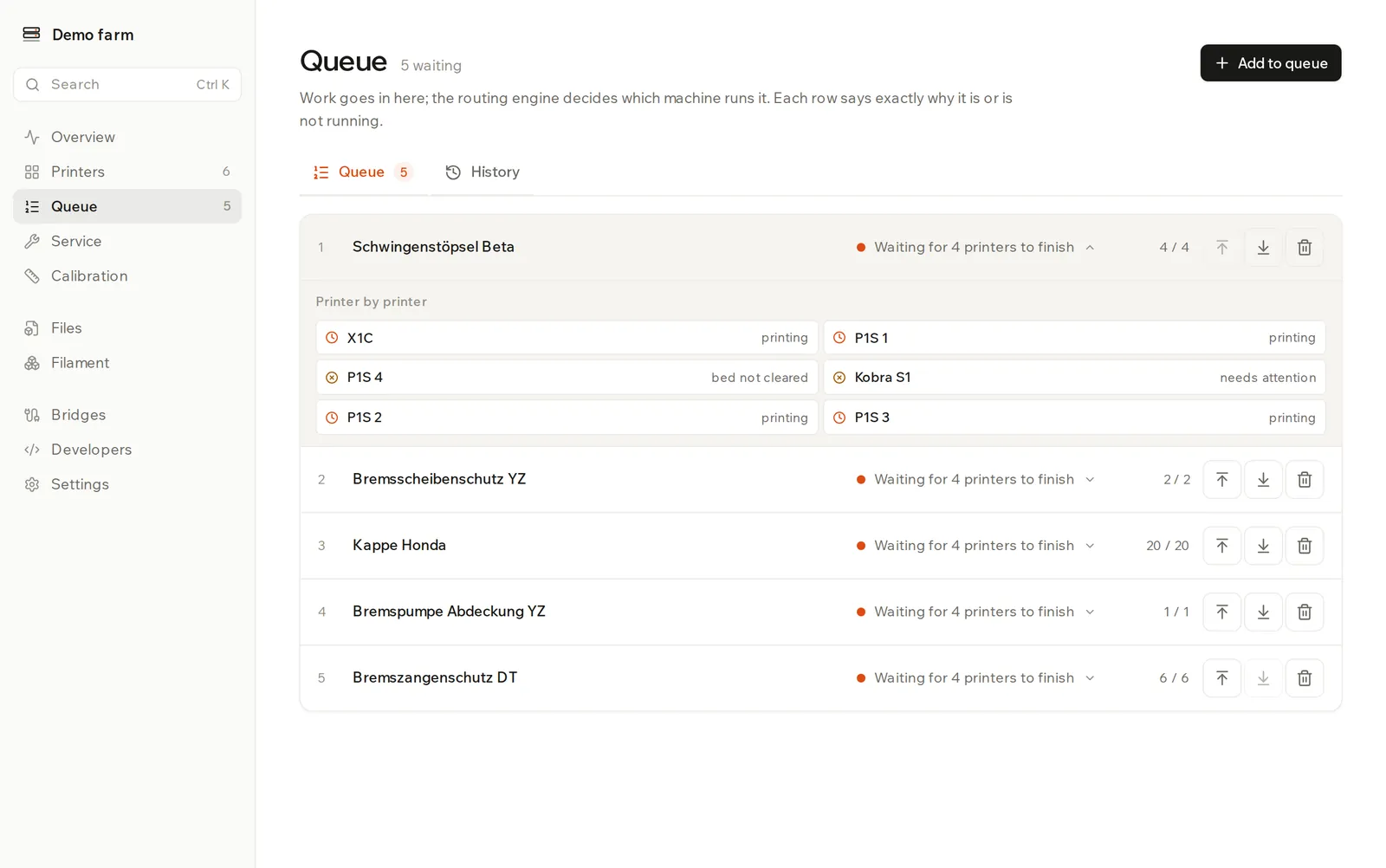 Queue page with a numbered list of jobs, each showing its file, filament, match summary and copies left