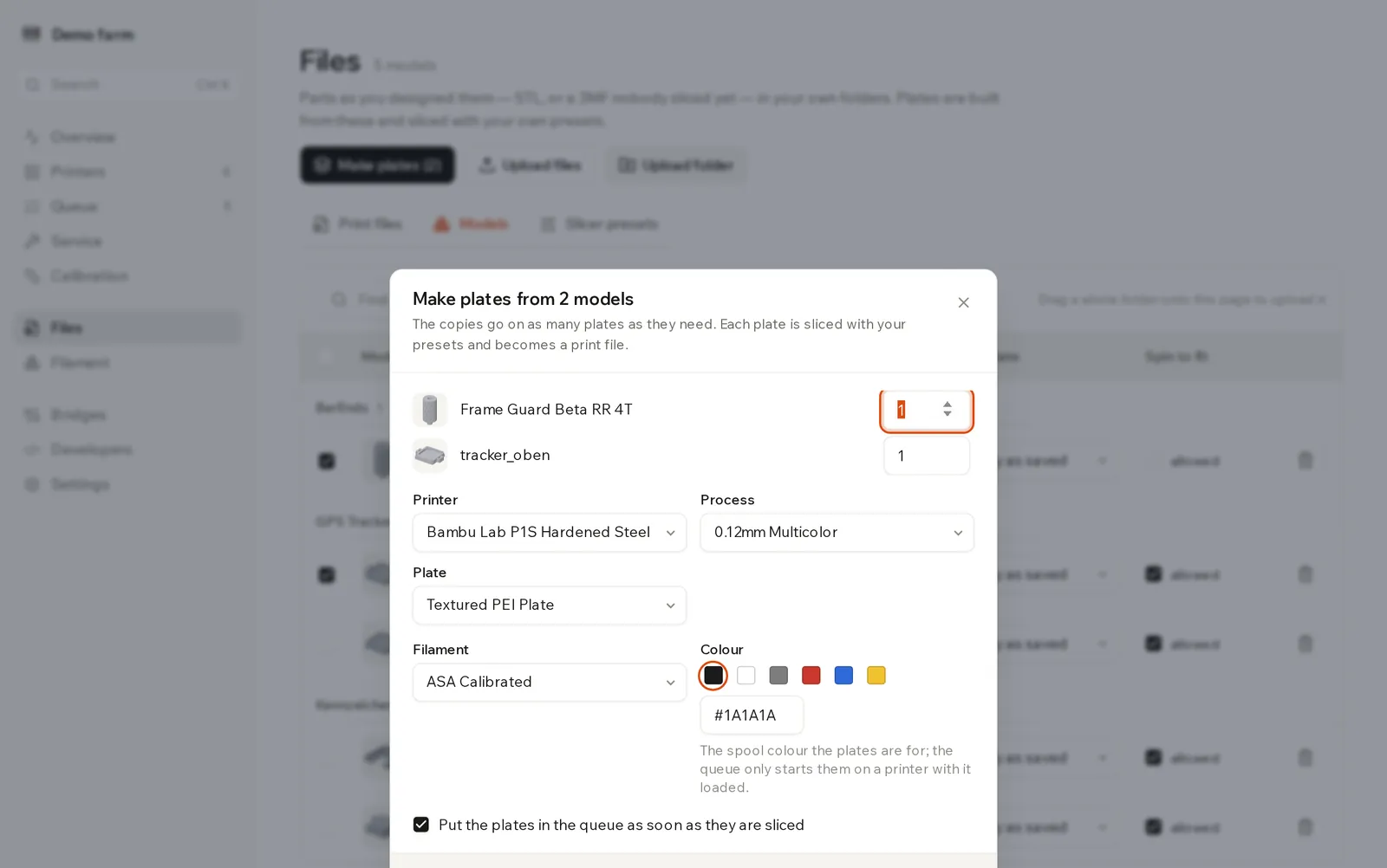 Make plates dialog with a copies field per model, slicer and preset choices, and a filament and colour per slot
