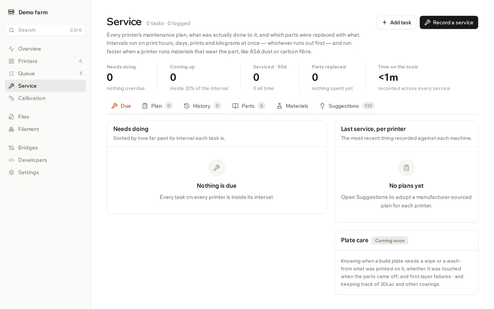 Service page on the Due tab, with a table of tasks that need doing and the last service for each printer