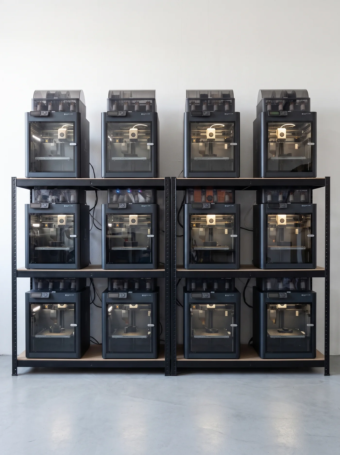 Twelve enclosed 3D printers on a black steel rack with their chamber lights on, dark parts on the build plates.
